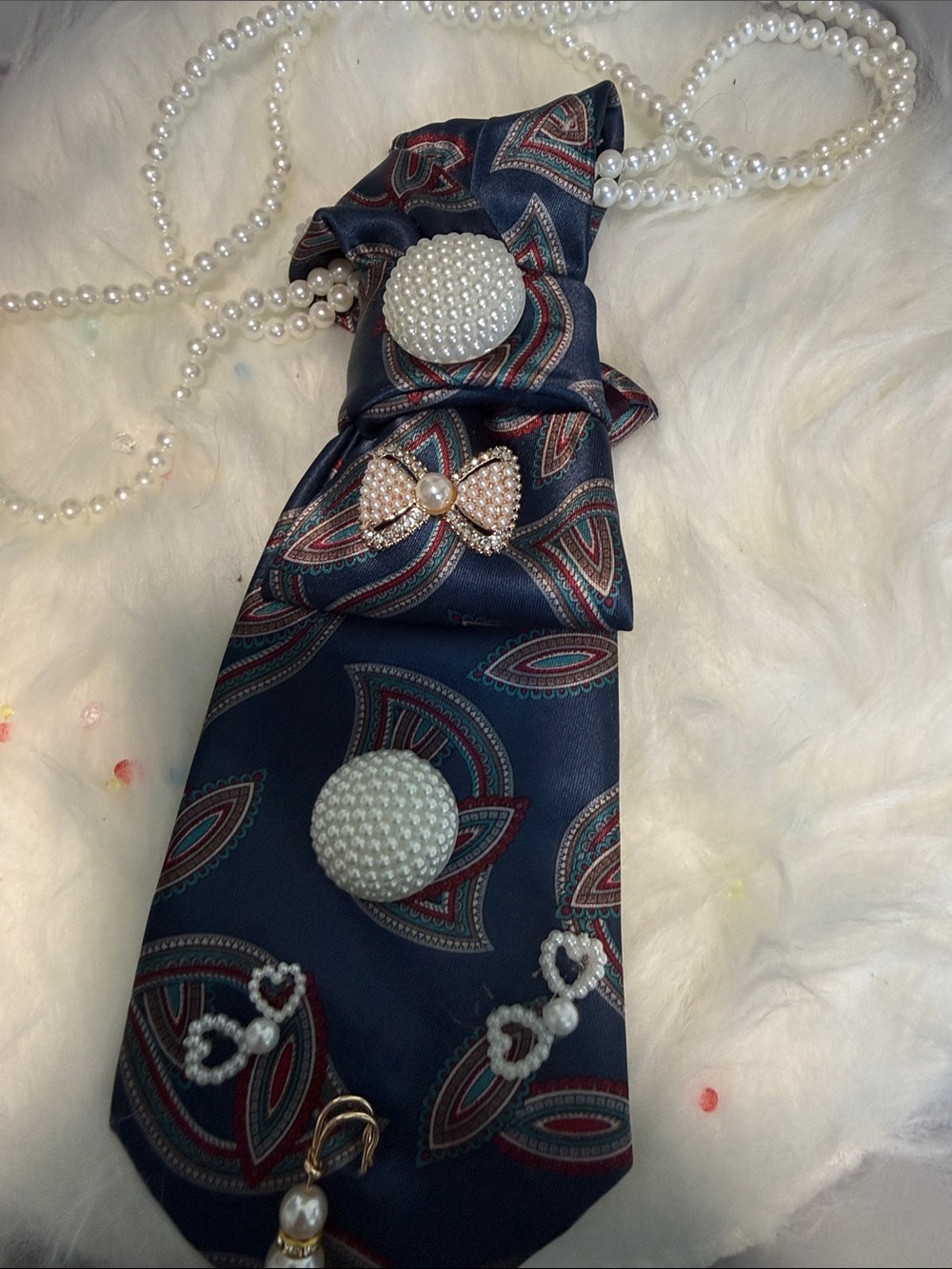 Navy Paisley Tie with Pearl Buttons and Bow Accent